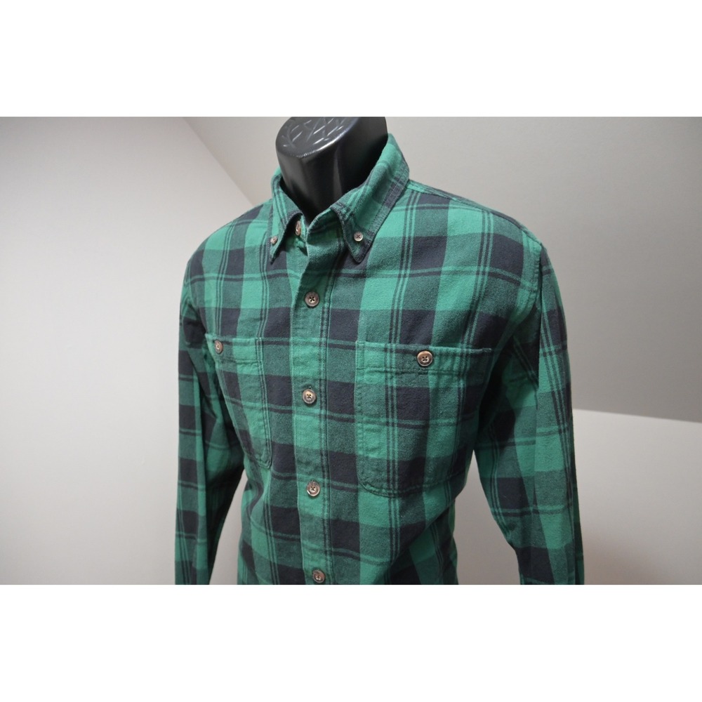 Duluth Trading Co Flannel Shirt Mens Large Green Buffalo Plaid Trim Fit EUC